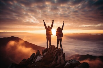 A silhouette of a two persons standing on a mountaintop, arms outstretched towards the rising sun, which pointing up as symbol of achievement - obrazy, fototapety, plakaty