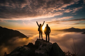 A silhouette of a two persons standing on a mountaintop, arms outstretched towards the rising sun, which pointing up as symbol of achievement