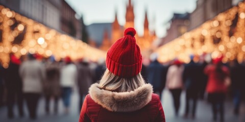 Rear view of a woman wears red Santa hat walking in Christmas market decorated with holiday lights in the evening. Feeling happy in big city, generative ai - obrazy, fototapety, plakaty