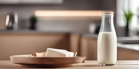 Fototapeta na wymiar Wooden tabletop counter with Bottle and glass of tasty milk. in front of bright out of focus kitchen. copy space