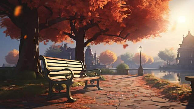 Summer scenery. Autumn forest path. Orange color tree, benches in a city park with beautiful view. Nature scene in sunset. Cartoon or anime illustration video style background
