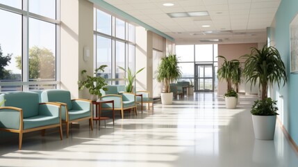 Minimalist Hospital hallway,bright reception waiting room clinic lobby, clean hospital reception with the chair, living room interior. Illustration