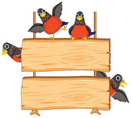 Birds Standing on Hanging Wooden Signboard Banner