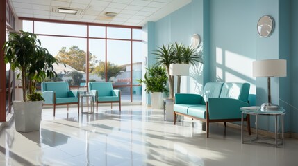 Fototapeta premium Minimalist Hospital hallway,bright reception waiting room clinic lobby, clean hospital reception with the chair, living room interior. Illustration