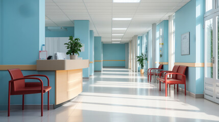Fototapeta premium Minimalist Hospital hallway,bright reception waiting room clinic lobby, clean hospital reception with the chair, living room interior. Illustration