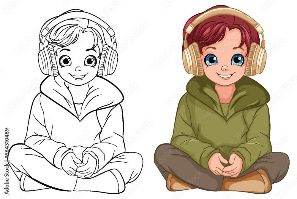 Sticker boy sitting on the floor listening to music with headset and doodle outline