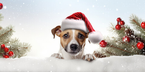 Merry Christmas and Happy New Year, Cheerful dog sitting in Santa Claus hat at winter snow background, generative ai