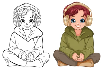 Printed kitchen splashbacks Kids Boy sitting on the floor listening to music with headset and doodle outline