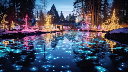 The magic of seeing holiday lights reflected in icy ponds. Winter reflections, shimmering beauty, festive radiance, tranquil moments, holiday joy. Generated by AI.