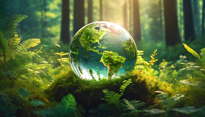 Glass globe world map encircled by verdant forest flora, symbolizing nature, environment, ESG, green energy sustainable industry, Circular economy and renewable energy, Climate change awareness. - obrazy, fototapety, plakaty