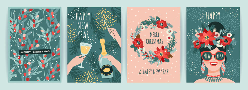 Christmas and Happy New Year illustration for cards and other use. Trendy retro style. Vector designs