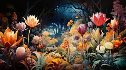 Fototapeta na wymiar Fantasy flowers bloom in an enchanted fairy tale fantasy garden.