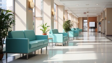 Minimalist Hospital hallway,bright reception waiting room clinic lobby, clean hospital reception with the chair, living room interior. Illustration