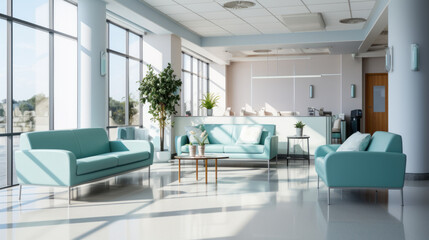 Minimalist Hospital hallway,bright reception waiting room clinic lobby, clean hospital reception with the chair, living room interior. Illustration