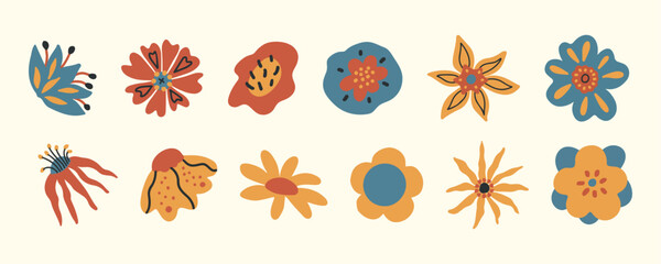 Hand painted cartoon 70s groovy floral sticker composition set. Various retro botanical elements, hand drawn decorative flowers and leaves collection.