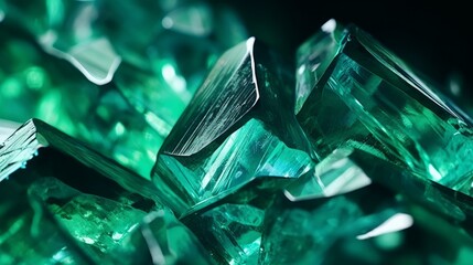 Close up of cut crystal in mysterious emerald light.Magic shiny background.Abstract