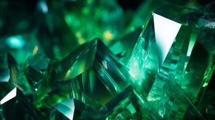 Close up of cut crystal in mysterious emerald light.Magic shiny background.Abstract