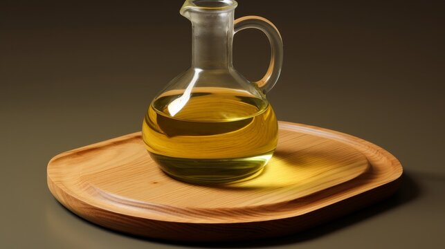 Carafe of olive oil on wooden coaster