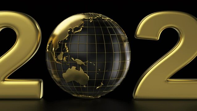 Gold New Year and globe. The date of the new year 2024 and the planet Earth.