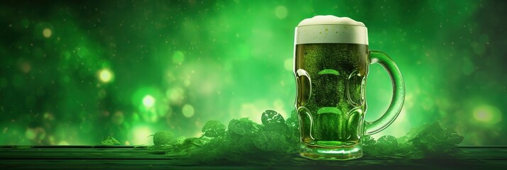 banner St Patricks Day green beer pint over festive dark green background, Patrick Day pub party, celebrating, glass and mug of green beer with copyspace for text.