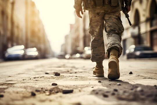 Soldier walking city background