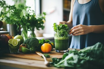 Young Asian woman makes detox fruit and vegetable smoothie at home, Healthy and beauty food concept. - obrazy, fototapety, plakaty
