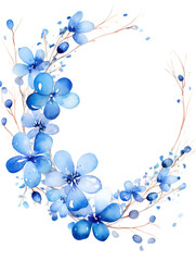 Fototapeta na wymiar Watercolor wreath with blue flowers on white background with copy space inside 