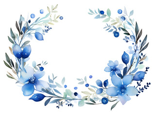 Watercolor wreath with blue flowers on white background with copy space inside 