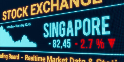 Singapore, stock market moving down. Negative stock exchange data, falling chart on the screen. Red percentage sign, loss and investment. 3D illustration