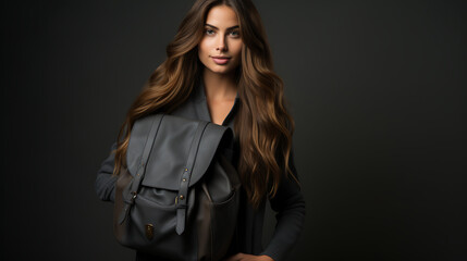 Model with a Leather Backpack on a Dark Gray Studio Background