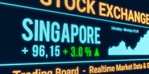 Singapore, stock market moving up. Positive stock exchange data, rising chart on the screen. Green percentage sign, profit and investment. 3D illustration