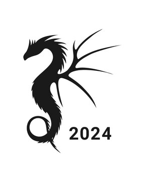 2024 Year of the Dragon, hand drawn dragon silhouette in black color, isolated, white background.