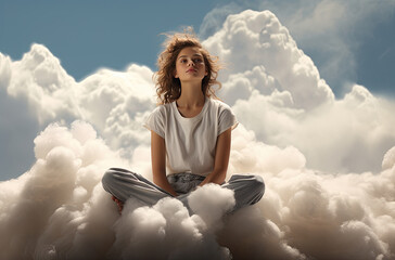 A dreamer girl meditates in the lotus position on a cloud, in the sky, relaxes, ai