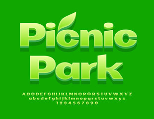 Naklejka premium Vector green banner Picnic Park. Modern 3D Font. Bright Alphabet Letters and Numbers set