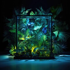 Glowing glass cube with podium in palm leaves, tropical dark background. Blue purple green color. Glowing linear volumetric cube.