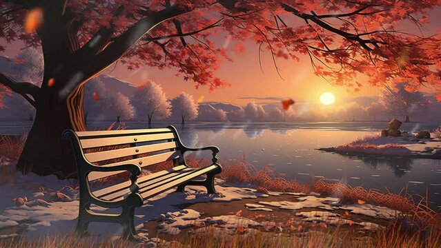 Winter scenery. winter park. benches in a city park with beautiful winter view. snowing. Nature scene in sunset. Cartoon or anime illustration video style background