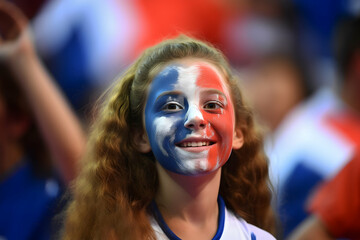 A teenage girl with the French flag painted on her face cheers for the French team at the stadium...