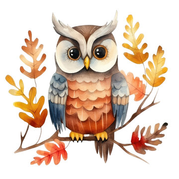 Watercolor autumn cute owl clipart