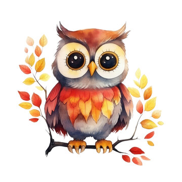 Watercolor autumn cute owl clipart
