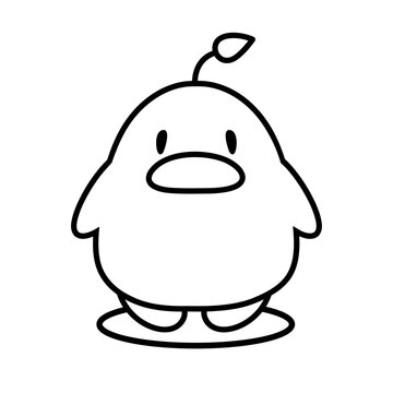 Cute little duck with sprout on head. Kawaii Duckling Coloring Page. Vector art illustration on linear style