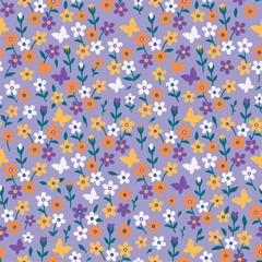 A pattern of yellow, orange, purple and white flowers and butterflies on a lilac background.