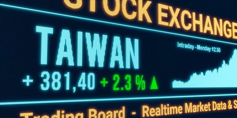 Taiwan, stock market moving up. Positive stock exchange data, rising chart on the screen. Green percentage sign, profit and investment. 3D illustration