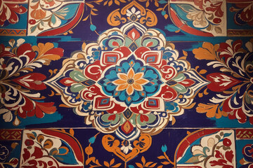 A vibrant and intricate Indian floor design, featuring bold geometric patterns and rich colors, rendered in a traditional hand-painted style