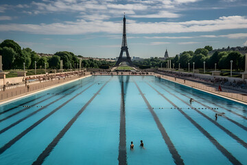 A fictional Olympic swimming pool with the Eiffel Tower in the background. Concept of the Paris 2024 Olympic Games