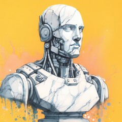 Watercolor white marble bust of the robot on a yellow background