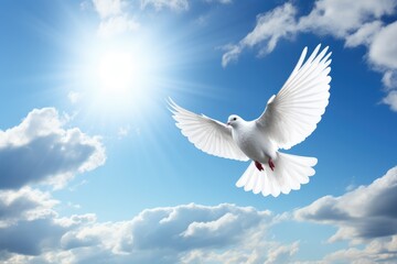 Fototapeta premium a white dove flying over the sun in a cloudy sky, in the religious style. Generative AI