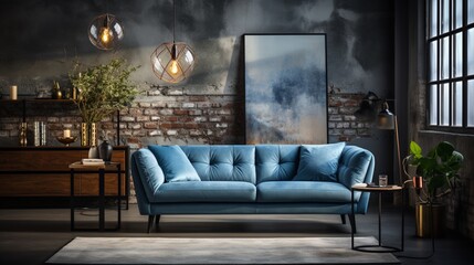 A loft-style home interior design of a modern living room features a blue chesterfield sofa near a window against a concrete wall