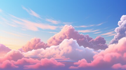 Fantastic illustration of an image with pink clouds in a blue sky, beautiful landscape. Generative AI