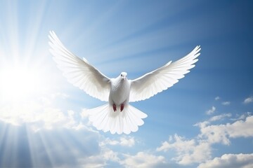 Obraz premium a white dove flying over the sun in a cloudy sky, in the religious style. Generative AI