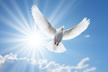 a white dove flying over the sun in a cloudy sky, in the religious style. Generative AI